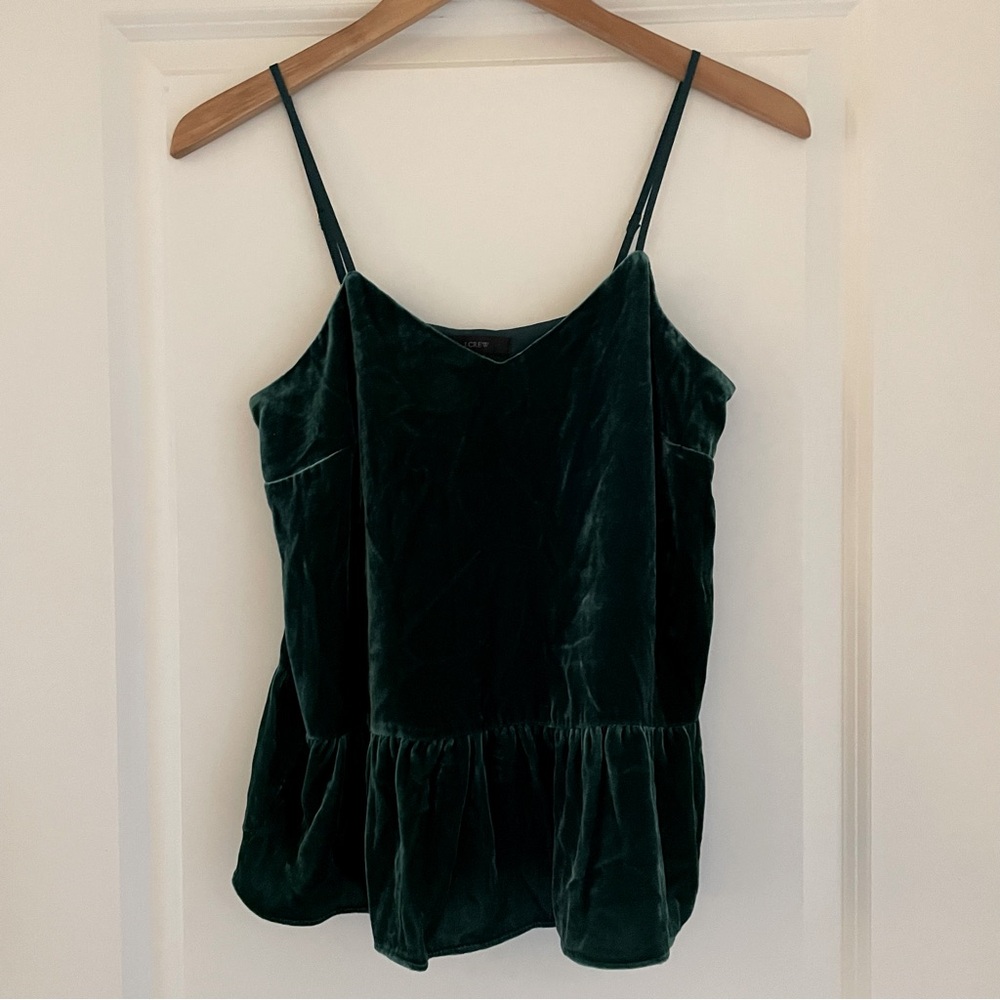 J.Crew dark green peplum velvet cami top.